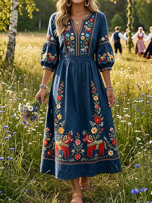 Women's Vintage Floral Rocking Horse Art V-Neck Dress