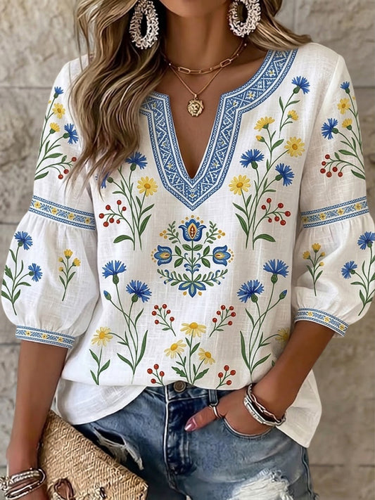 Women's Vintage Swedish Floral Art V-Neck Top