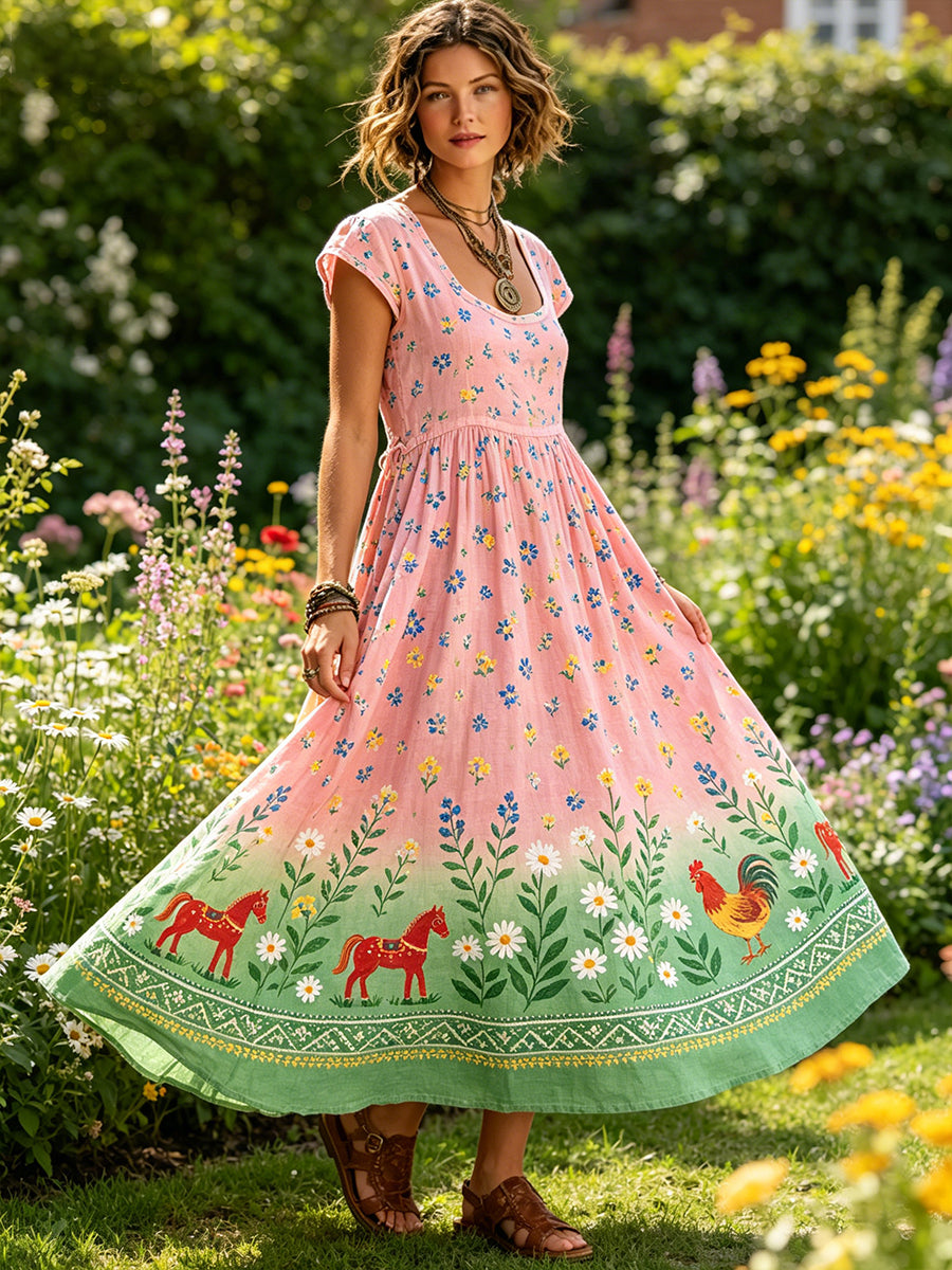 Women's Midsummer Floral Print Pastoral Style Dress