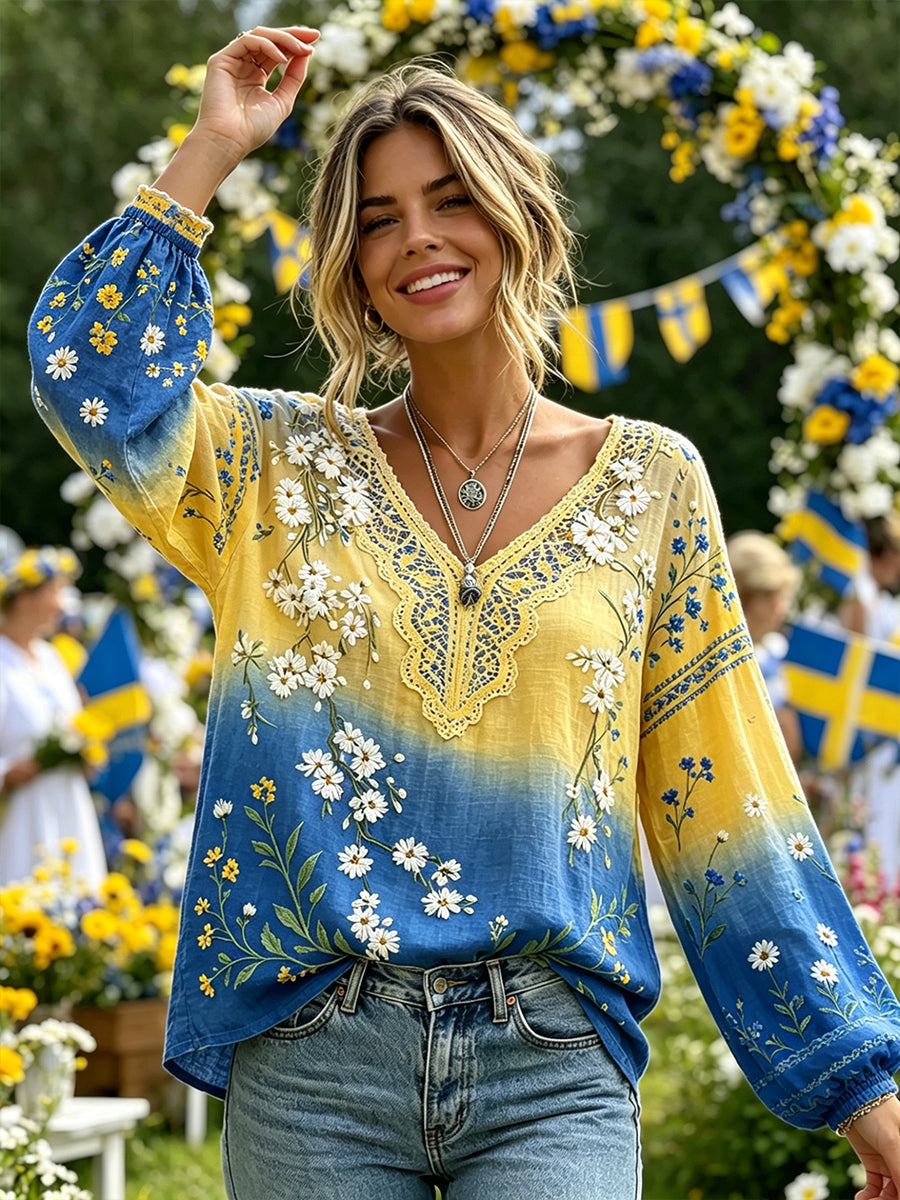 Women's Midsummer Floral Print Pastoral V-Neck Top