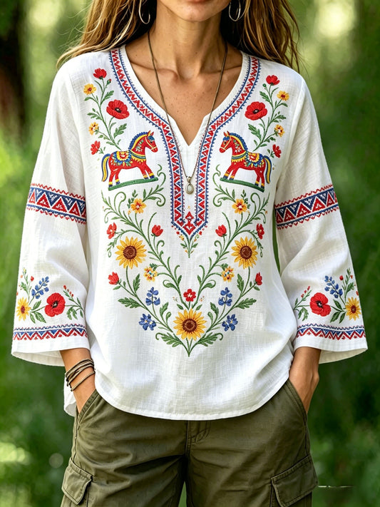 Women's Retro Swedish Midsummer Folk Floral Cotton-Linen Blouse