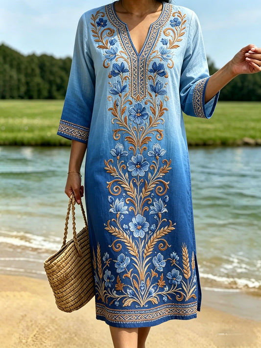 Women's Retro Swedish Midsummer Folk Floral Cotton-Linen Dress