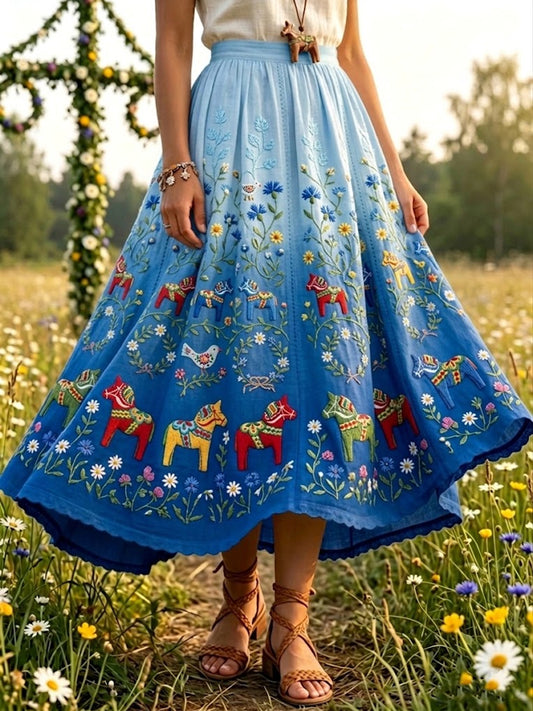 Women's Retro Gradient Romantic Floral Art Midi Skirt