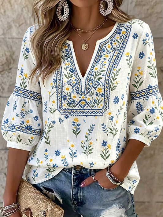 Women's Retro Romantic Floral Art V-Neck Top