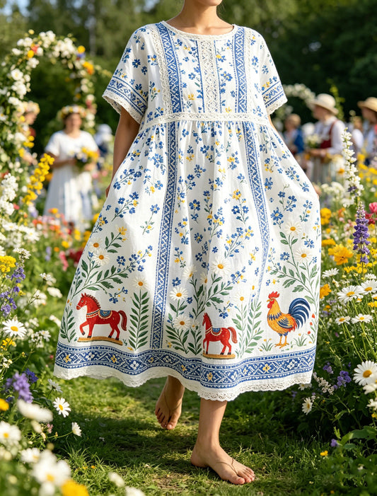 Women's Swedish Midsummer Festival Commemorative Art Print Maxi Dress