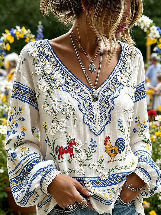 Women's Midsummer Floral Print Pastoral V-Neck Top