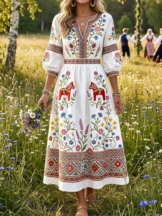 Women's Retro Romantic Floral Carousel-Print V-Neck Dress