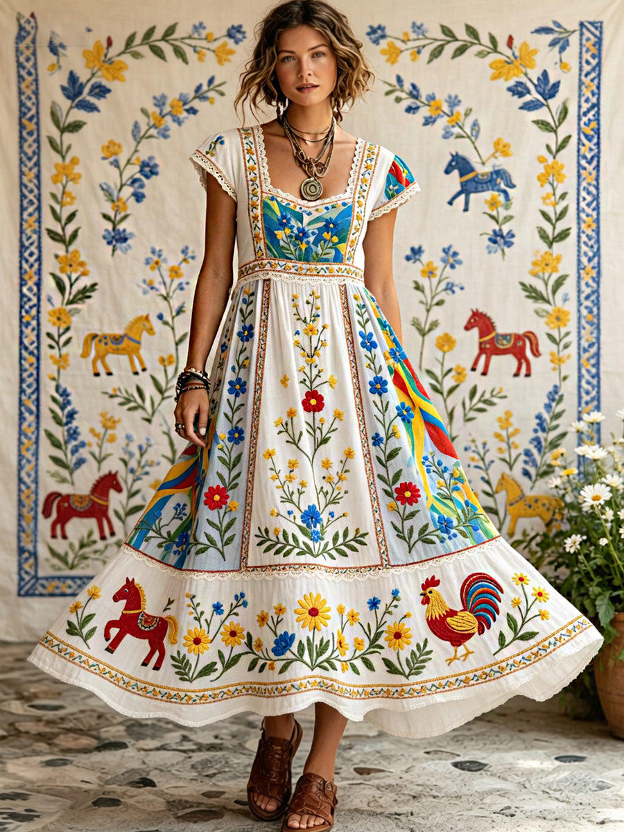 Women's Vintage Midsummer Floral Art Print Casual Cotton-Linen Dress