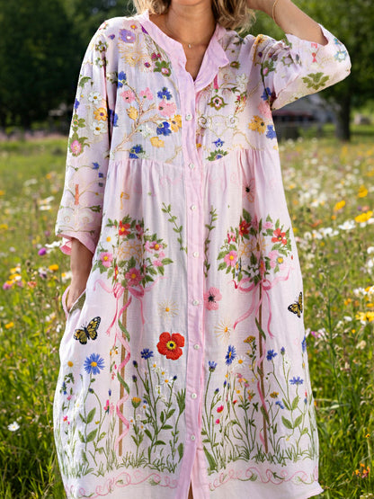Women's Vintage Midsummer Floral Art Print Casual Cotton-Linen Dress