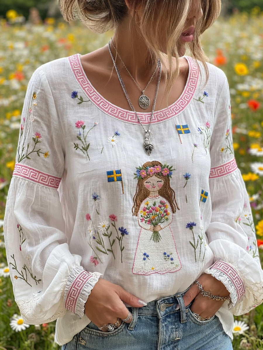 Women's Vintage Midsummer Floral Art Print Casual Cotton-Linen Top