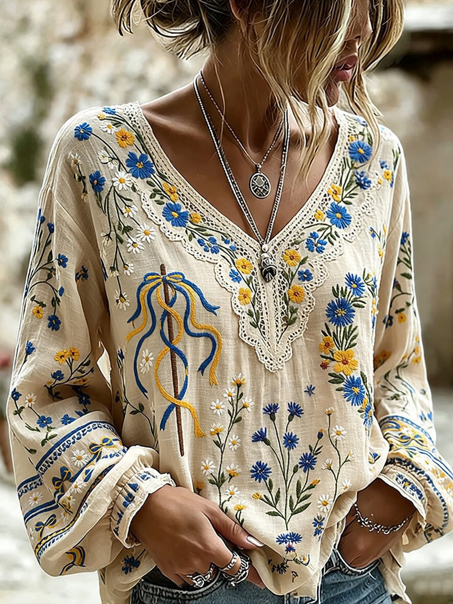Women's Vintage Midsummer Floral Art Print Casual Cotton-Linen Top