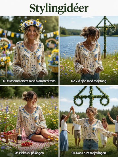 Women's Vintage Midsummer Floral Art Print Casual Cotton-Linen Top