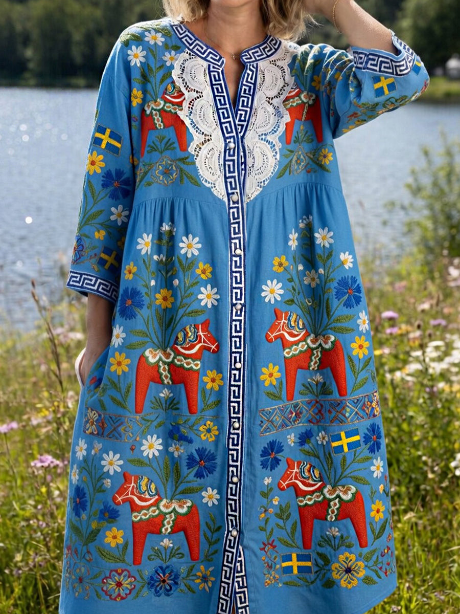 Women's Vintage Midsummer Floral Art Print Casual Cotton-Linen Dress