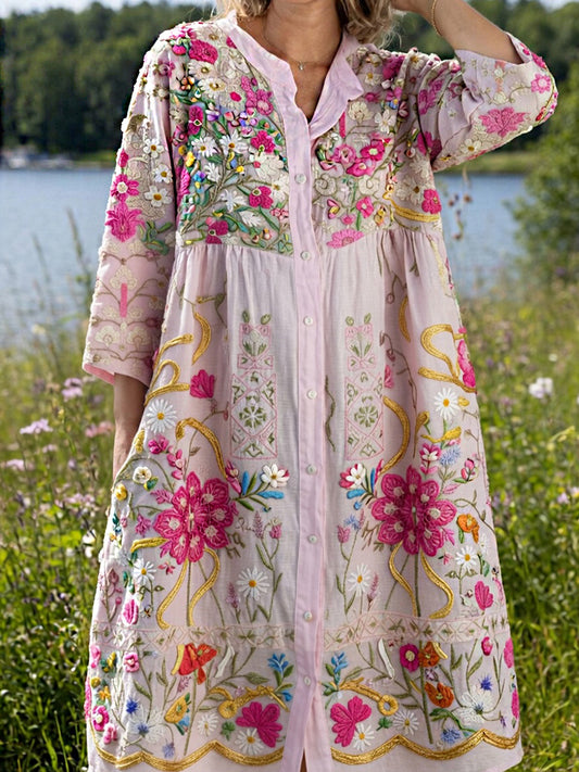 Women's Vintage Midsummer Floral Art Print Casual Cotton-Linen Dress