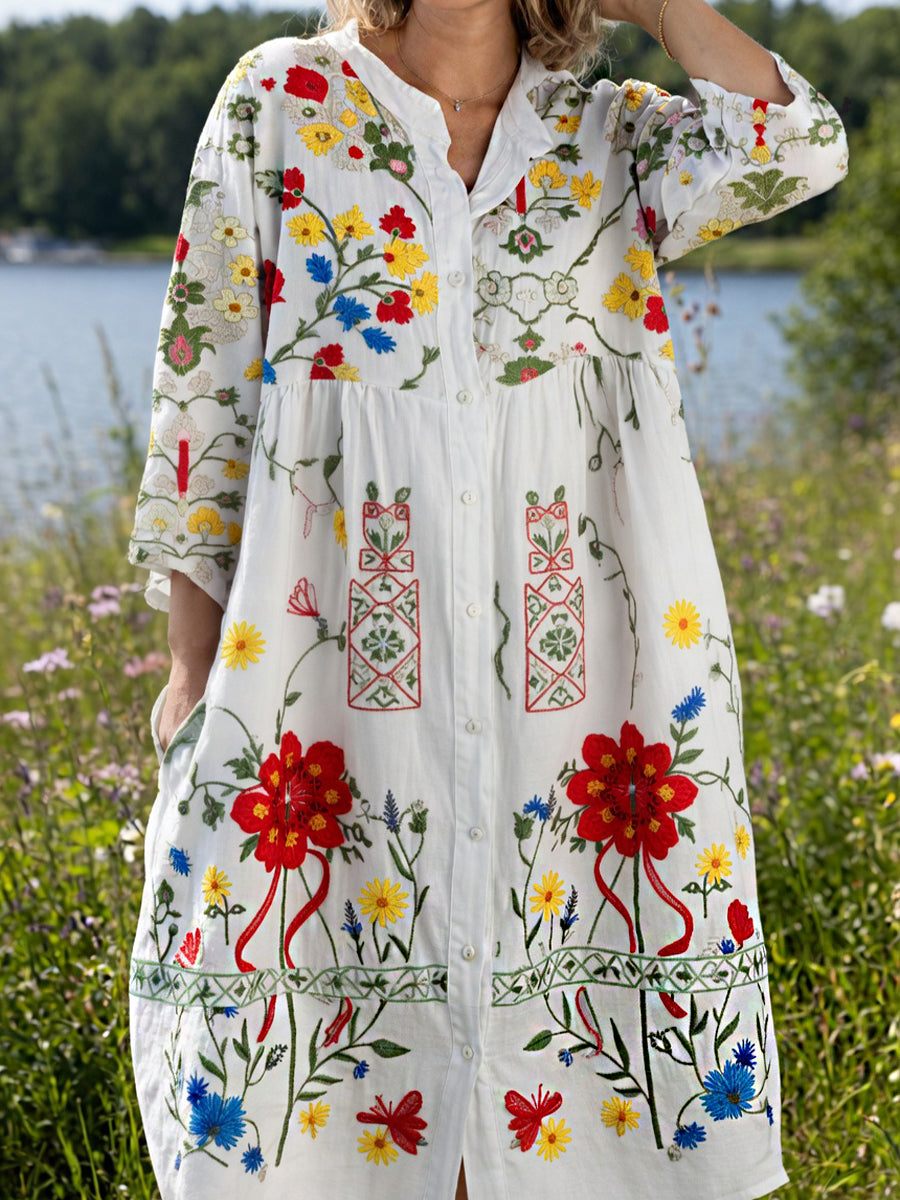 Women's Vintage Midsummer Floral Art Print Casual Cotton-Linen Dress
