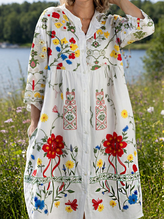 Women's Vintage Midsummer Floral Art Print Casual Cotton-Linen Dress