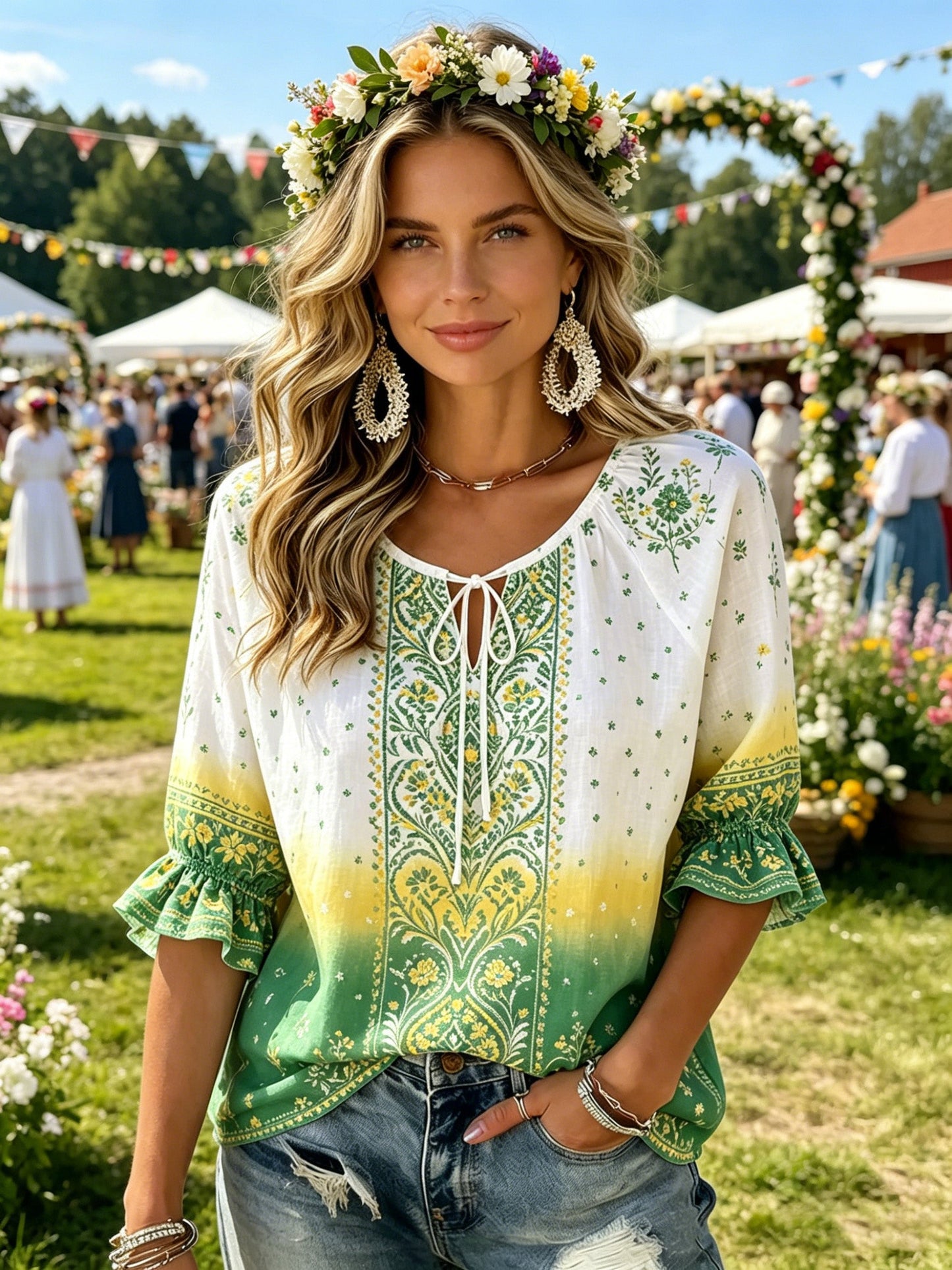 Women's Swedish Midsummer Festival Commemorative Art Print Top
