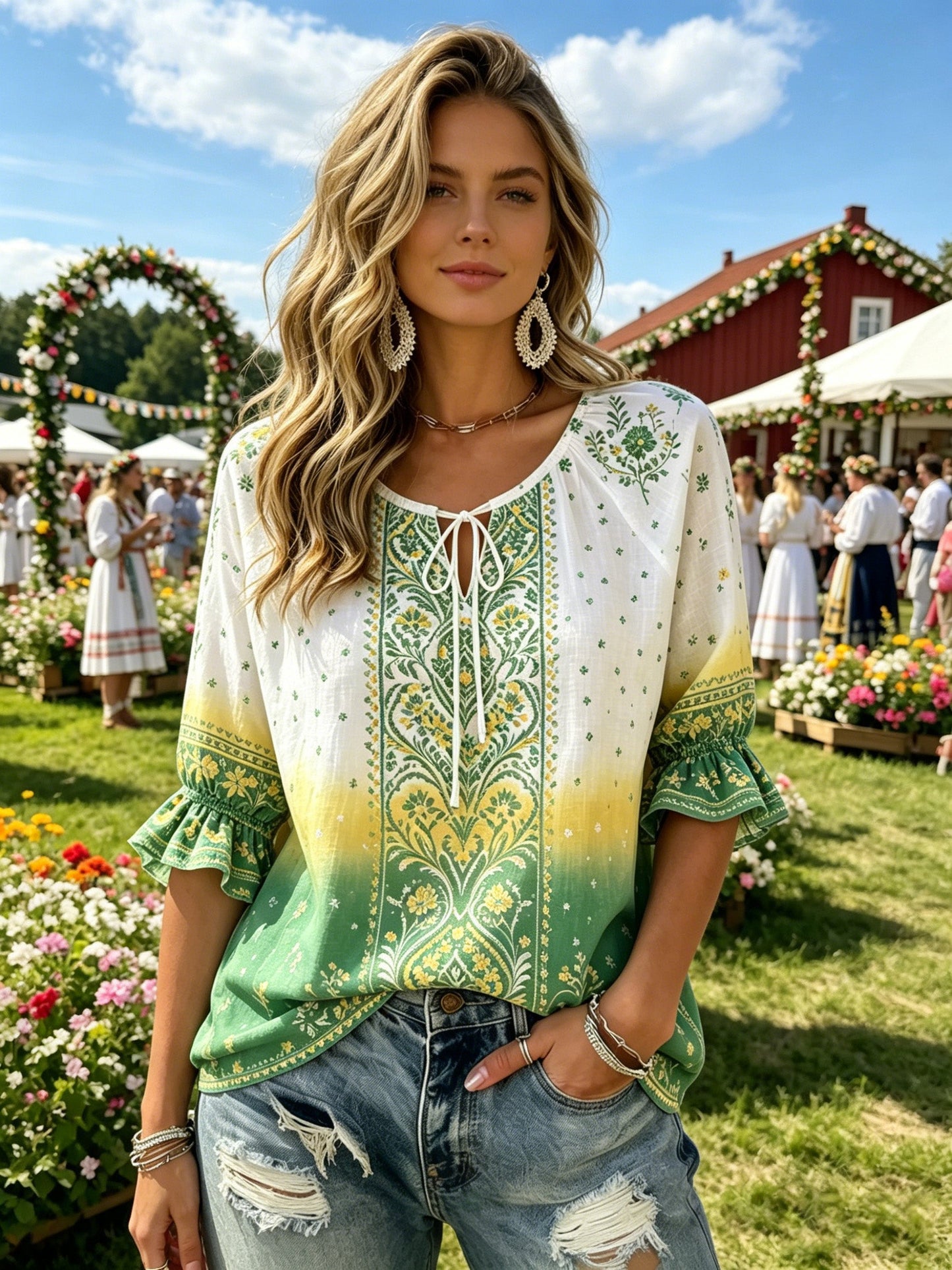 Women's Swedish Midsummer Festival Commemorative Art Print Top