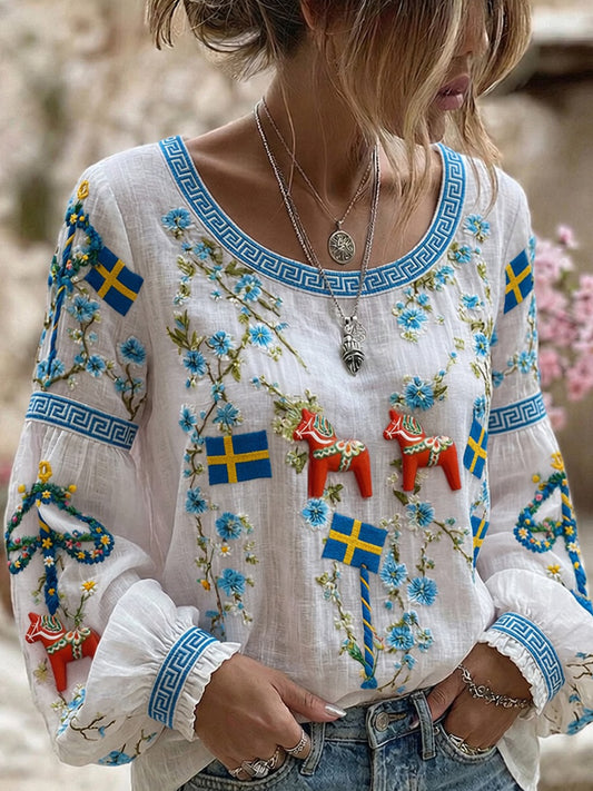 Retro Midsummer Festival Art Print Casual Top
