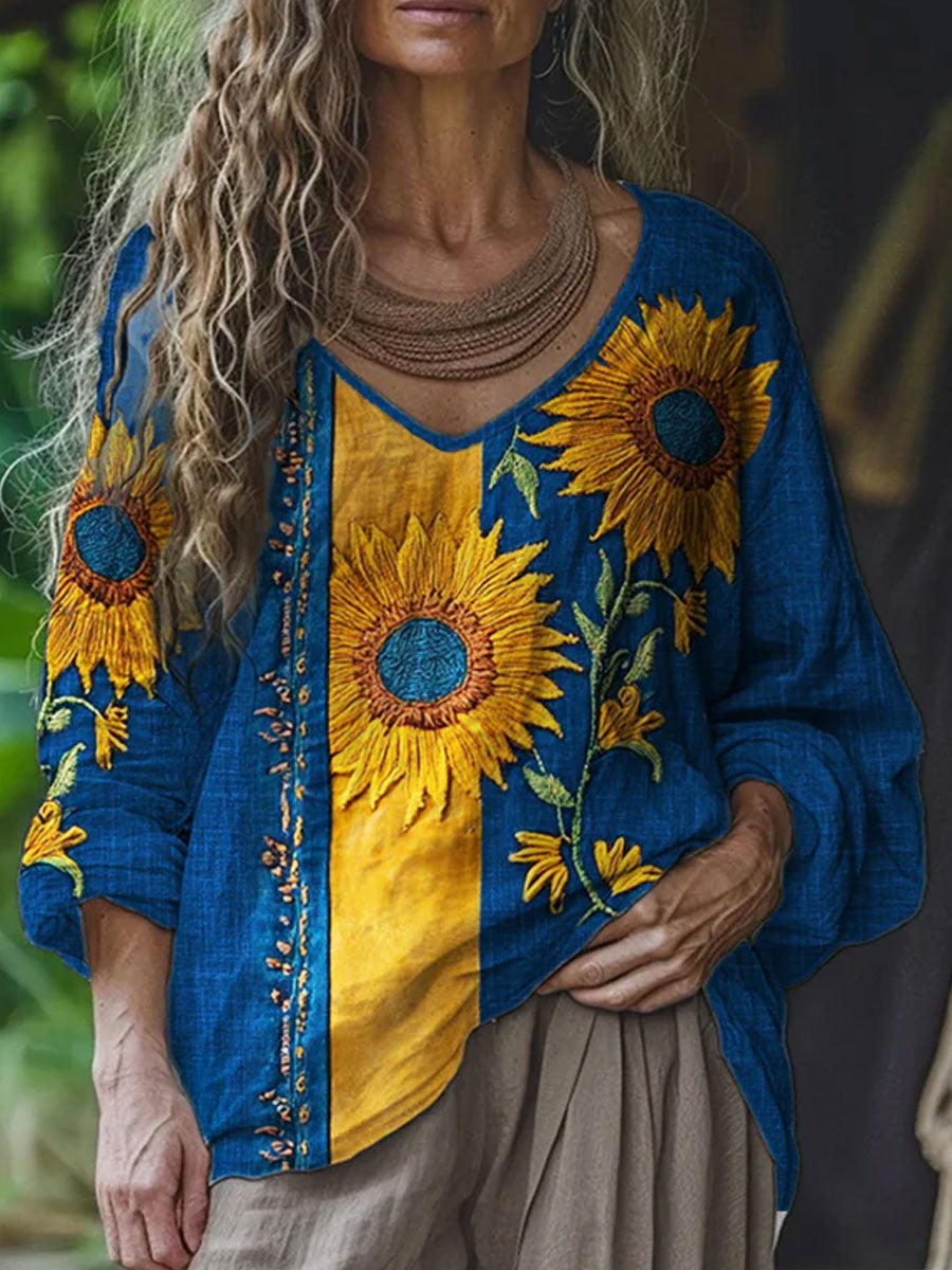 Women's Sweden Floral Art Printed Linen Casual Tops