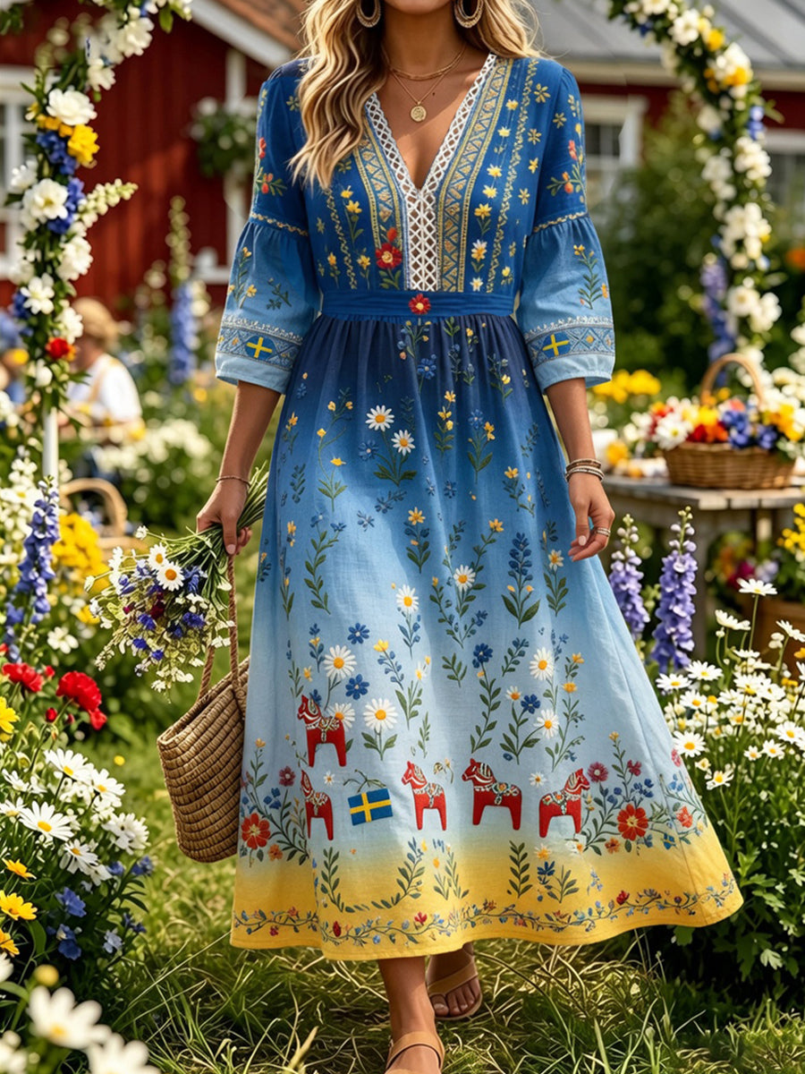 Retro Midsummer Festival Art Print Casual Dress