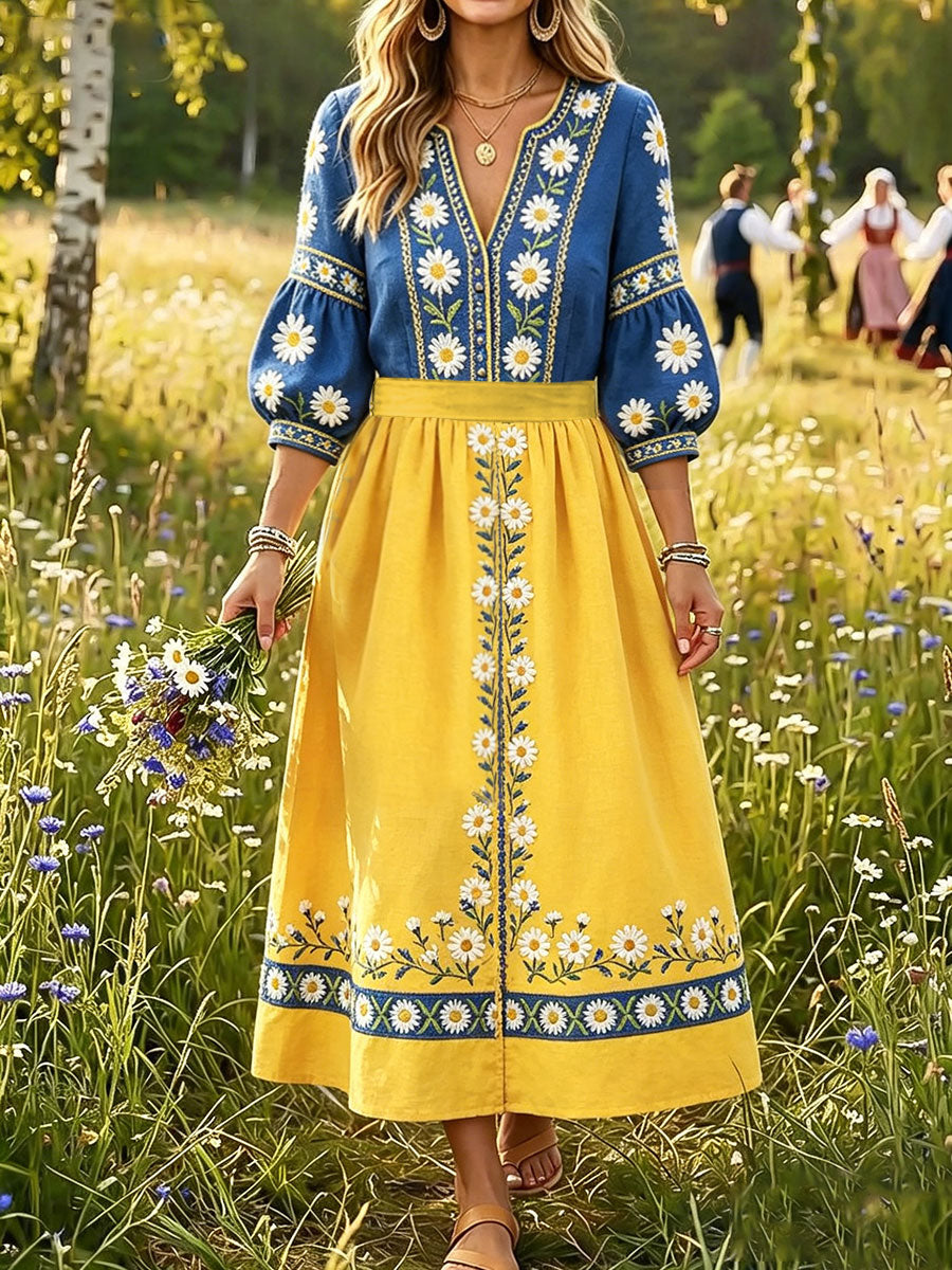 Women's Sweden Floral Art Printed Linen Dresses