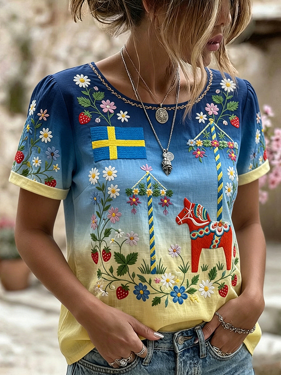 Retro Midsummer Festival Art Print Casual T-Shirt