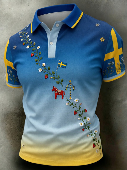 Retro Midsummer Festival Art Print Casual Polo Shirt