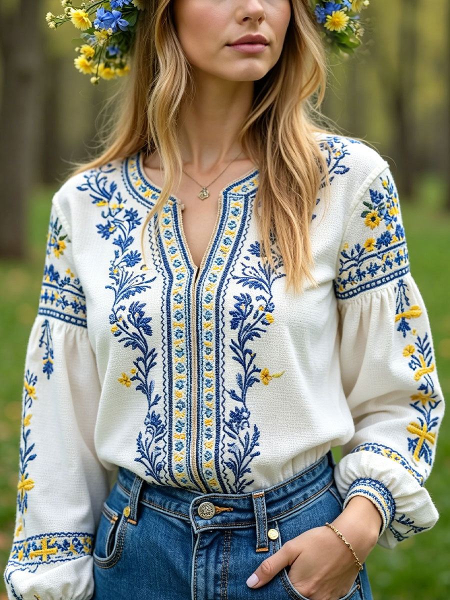 Women's Sweden Floral Art Printed Linen Casual Tops