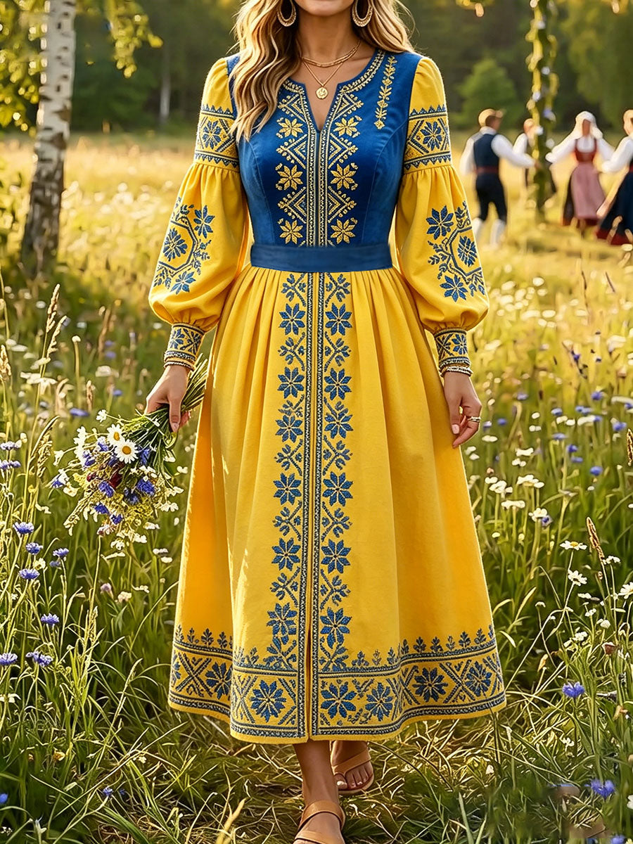 Women's Sweden Floral Art Printed Linen Dresses