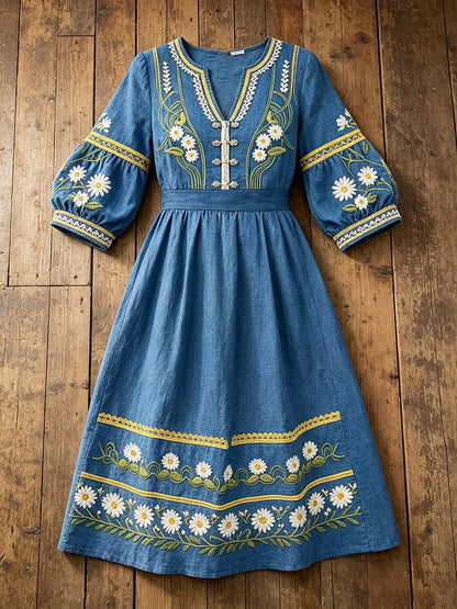 Women's Sweden Floral Art Printed Linen Dresses