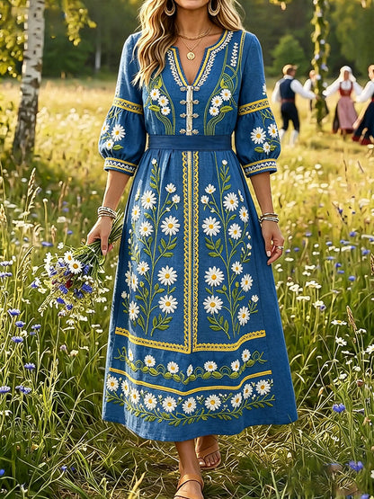Women's Sweden Floral Art Printed Linen Dresses