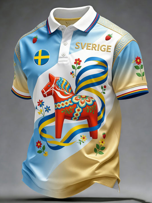 Retro Midsummer Festival Art Print Casual Polo Shirt