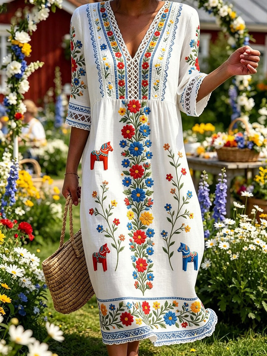 Retro Midsummer Festival Art Print Casual Dress