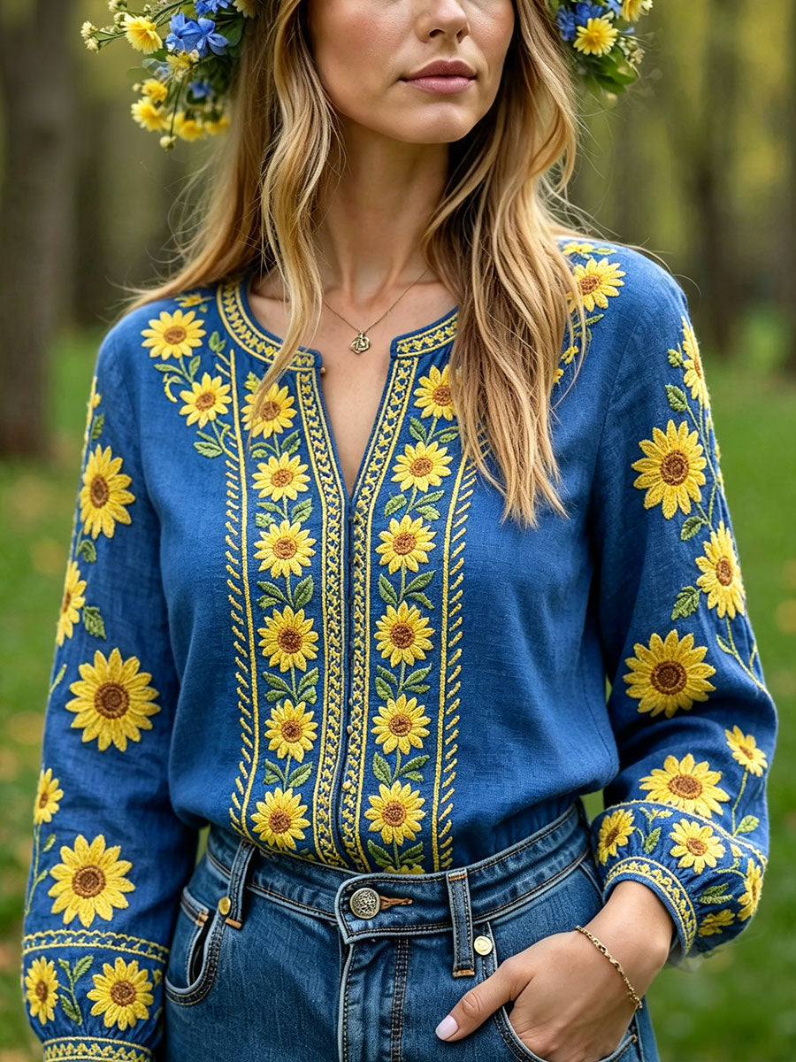 Women's Sweden Floral Art Printed Linen Casual Tops