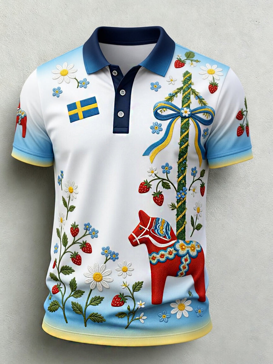 Retro Midsummer Festival Art Print Casual Polo Shirt