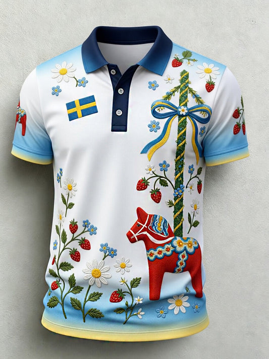 Retro Midsummer Festival Art Print Casual Polo Shirt
