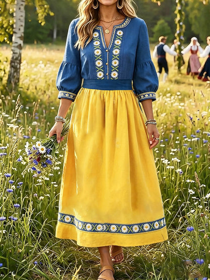 Women's Sweden Floral Art Printed Linen Dresses