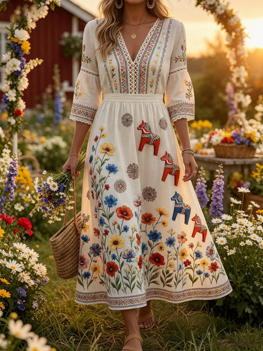 Retro Midsummer Festival Art Print Casual Dress