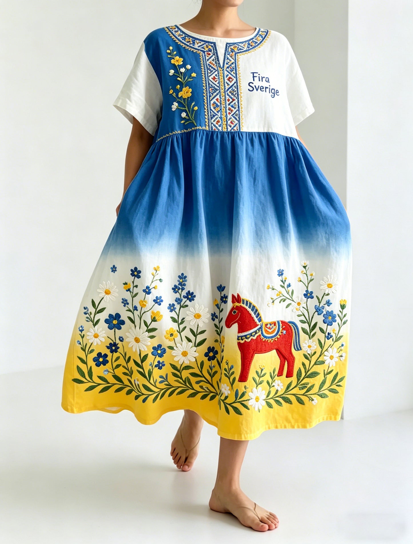 Women's Swedish Midsummer Festival Commemorative Art Print Long Dress
