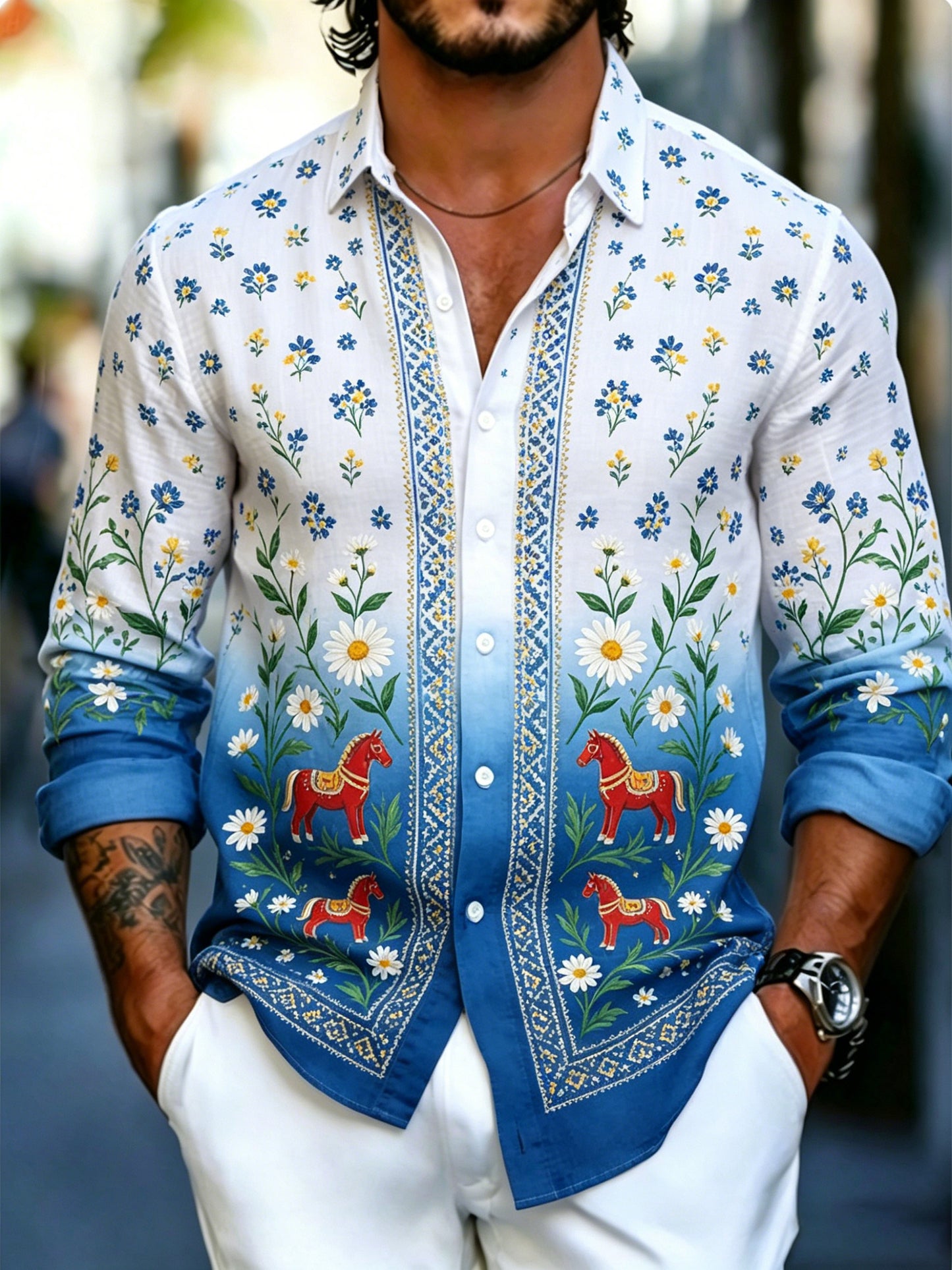 Men's Swedish Midsummer Festival Commemorative Art Print Long-Sleeve Shirt