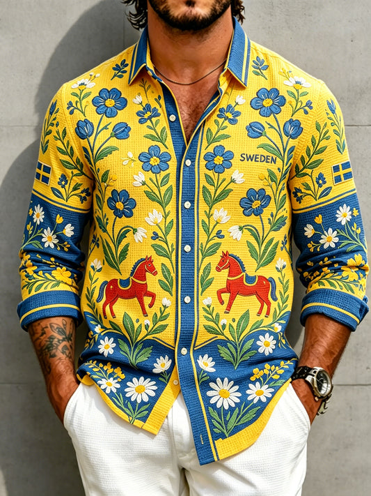 Men's Midsummer Floral Print Waffle-Textured Long-Sleeve Shirt