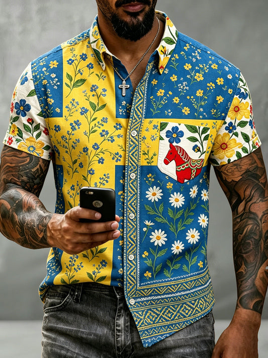 Men's Swedish Midsummer Festival Commemorative Art Print Short-Sleeve Shirt