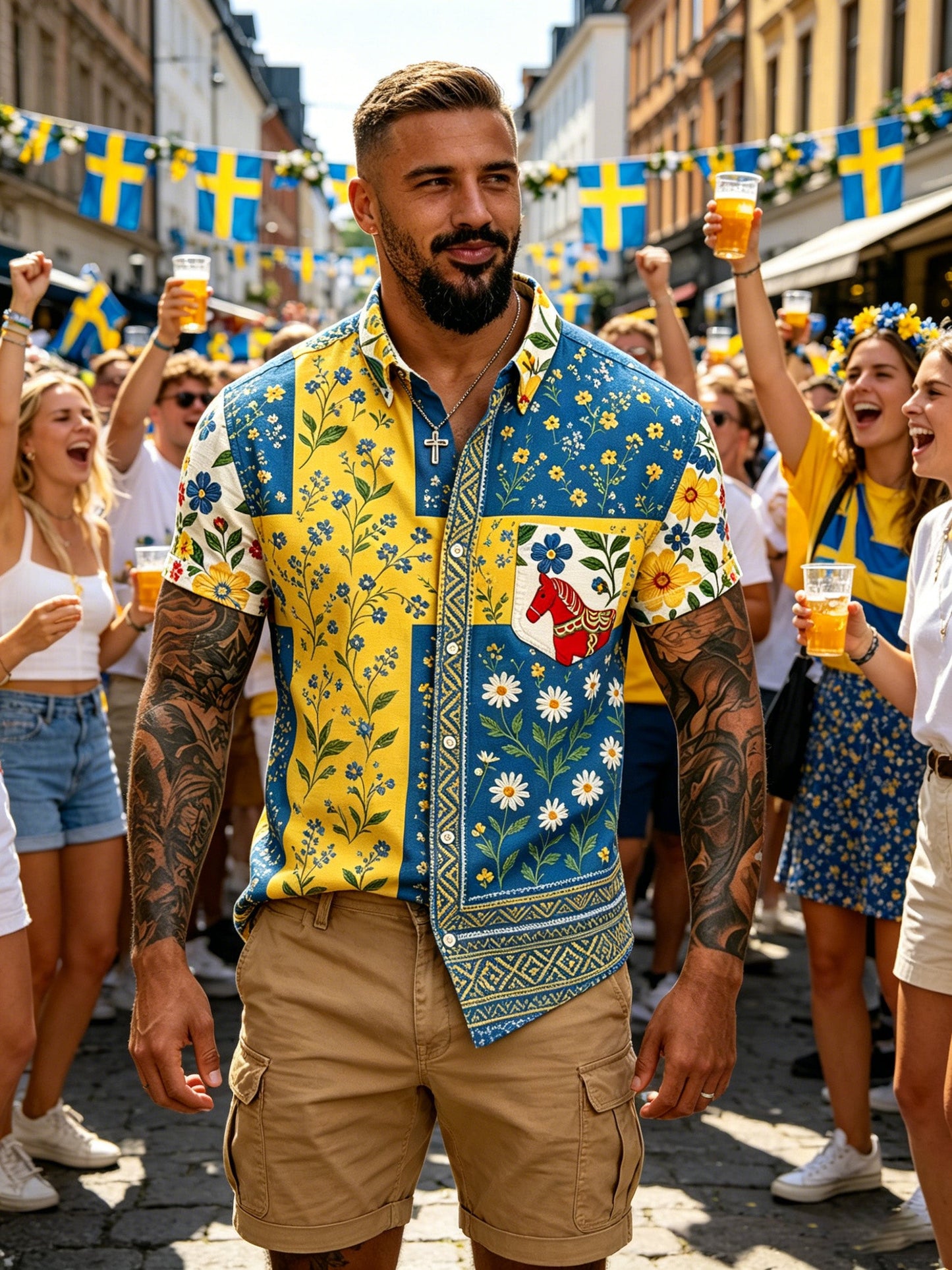 Men's Swedish Midsummer Festival Commemorative Art Print Short-Sleeve Shirt