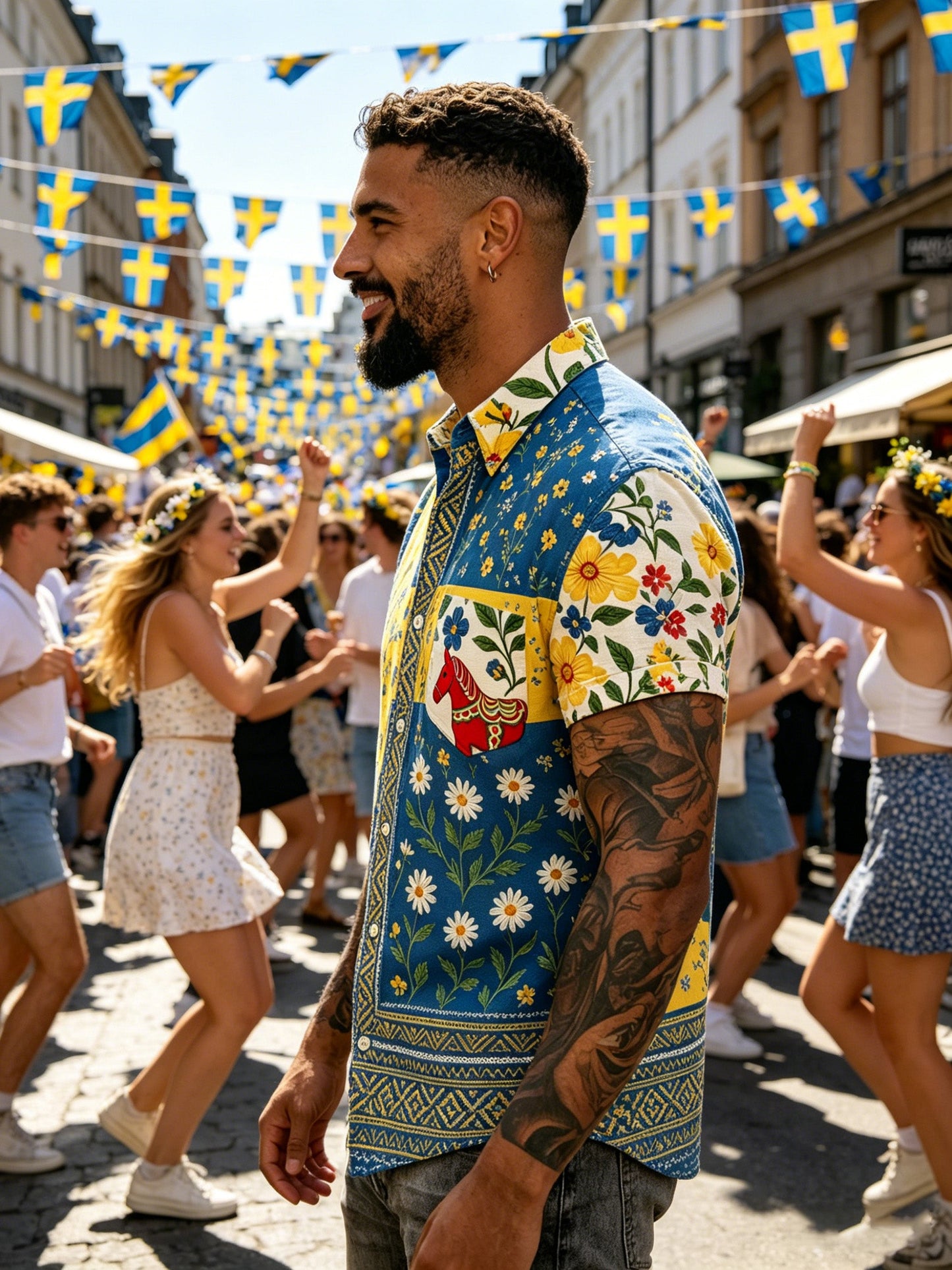 Men's Swedish Midsummer Festival Commemorative Art Print Short-Sleeve Shirt
