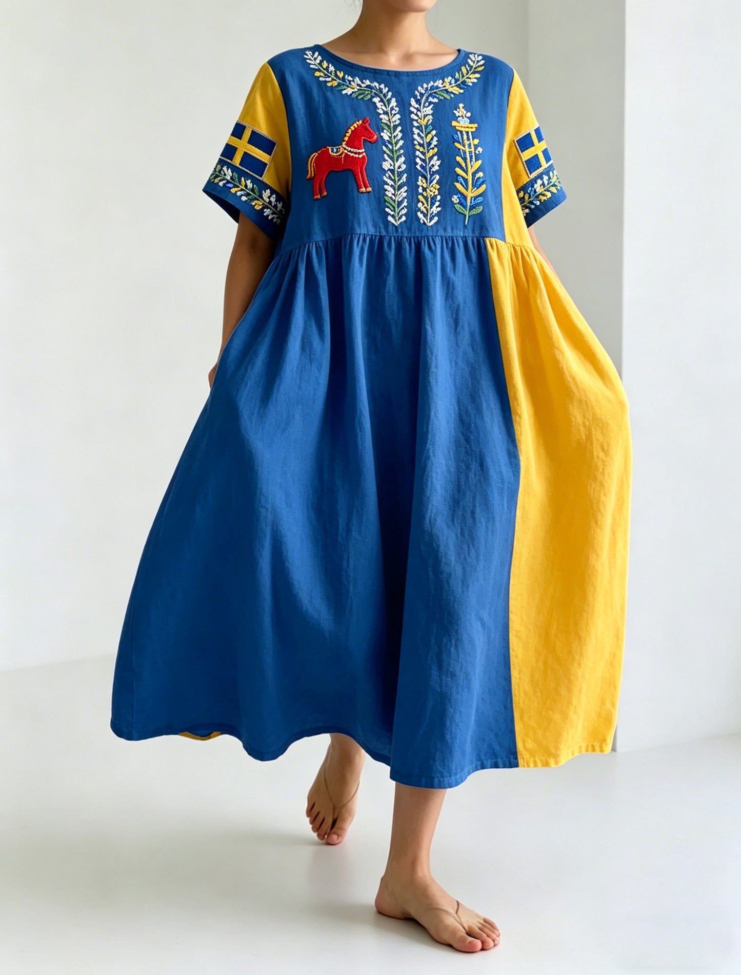 Women's Swedish Midsummer Festival Commemorative Art Print Long Dress