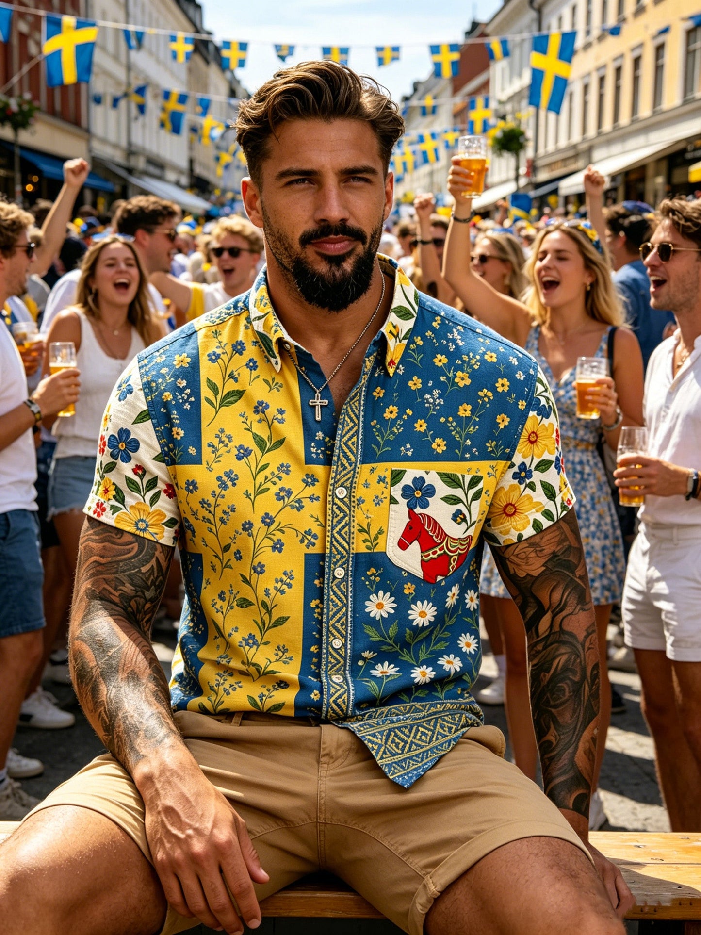 Men's Swedish Midsummer Festival Commemorative Art Print Short-Sleeve Shirt