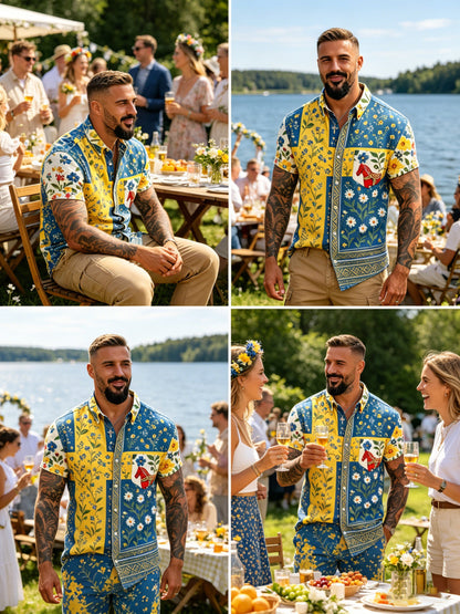 Men's Swedish Midsummer Festival Commemorative Art Print Short-Sleeve Shirt