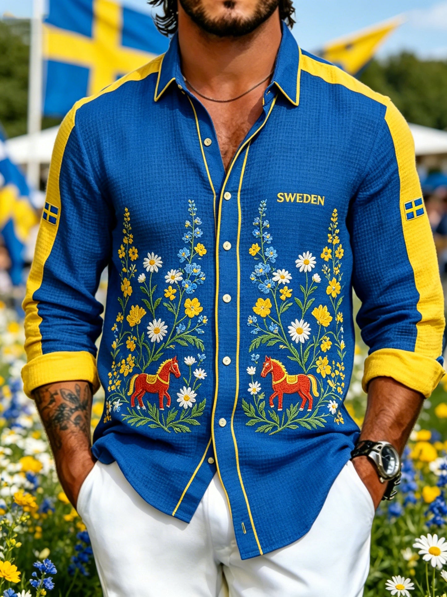 Men's Midsummer Floral Print Waffle-Textured Long-Sleeve Shirt