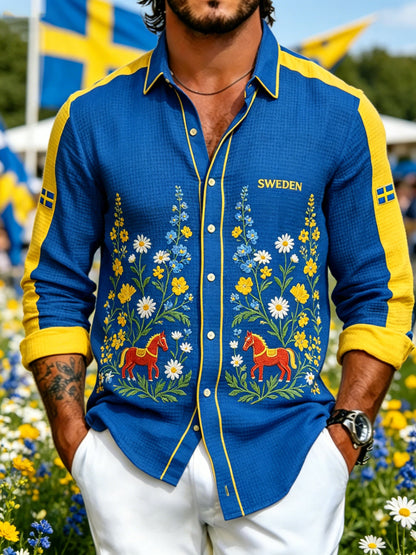Men's Midsummer Floral Print Waffle-Textured Long-Sleeve Shirt